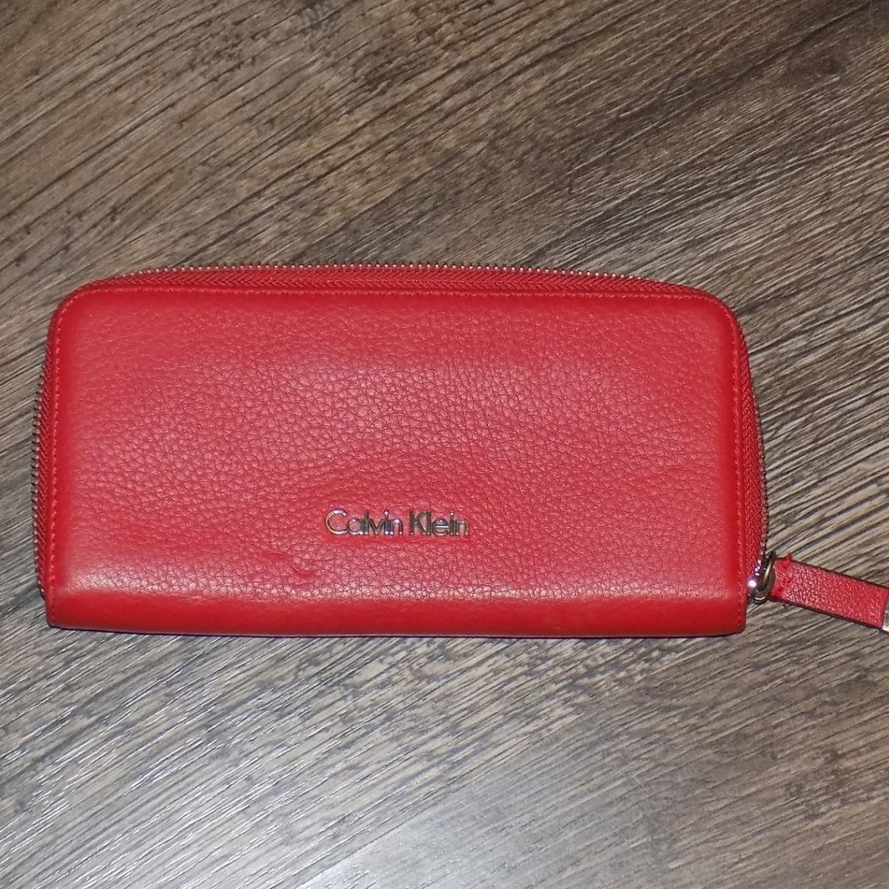 Calvin Klein Zip Around Wallet Womens OS Red Good Pebbled Leather Logo